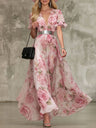 French-Style Romantic Rose-Print Chiffon Maxi Dress